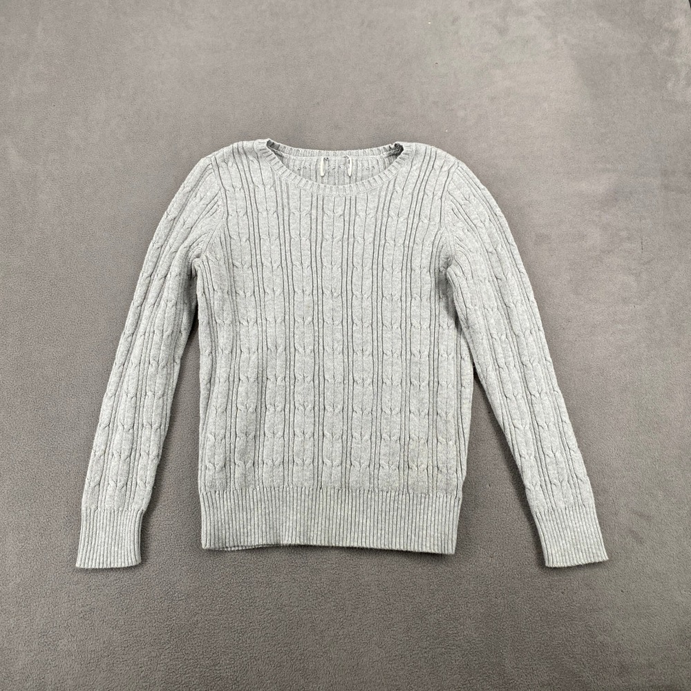Vintage Style Heather Gray Cable Knit Crew Neck Cotton Blend Sweater RN 93677